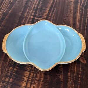 Fire-King Divided Relish Dish in Delphite Blue Milk Glass w/ Gold Trim Vintage